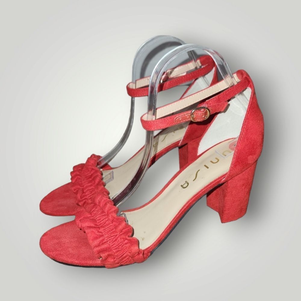 UNISA Red Ruffled Ankle Strap Block Heels, Size 10 M